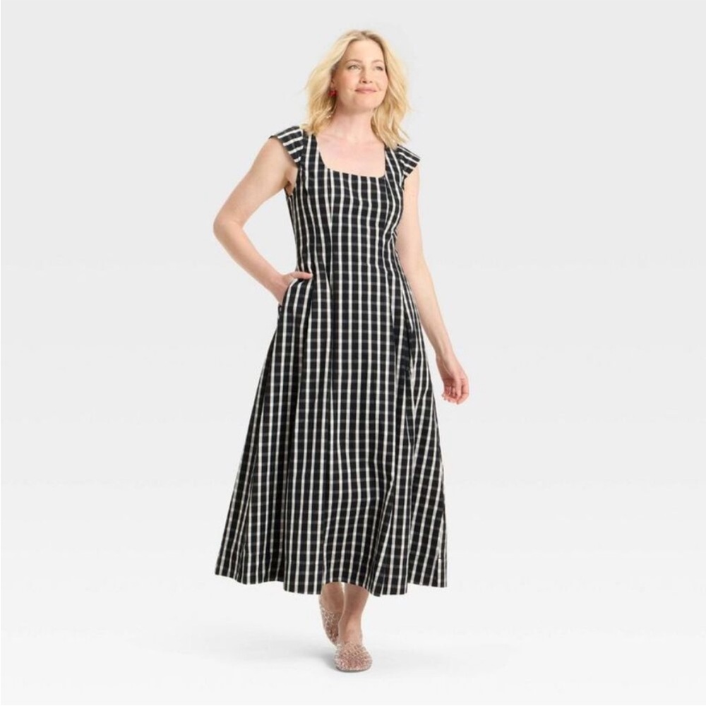 New! A new day Dress Elegant Black White Windowpane Plaid Check Midi Maxi size 8